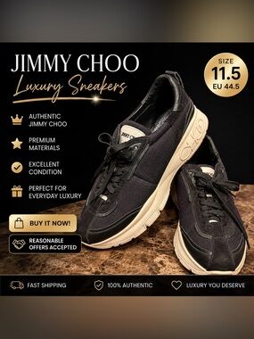 Jimmy Choo Men’s Black Luxury Sneakers Size 11.5 EU 44.5 Designer Shoes